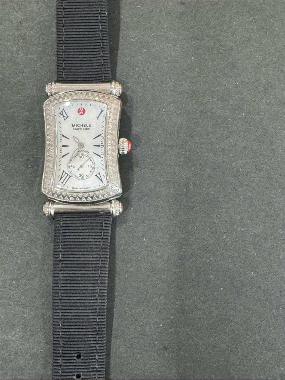 Michele Silver-Tone Diamond Bezel Watch with Black Strap